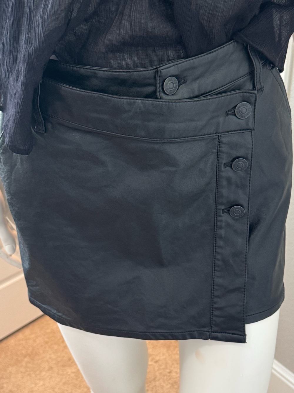 Free People We The Free Black Faux Leather Mini Skirt w asymmetrical front
